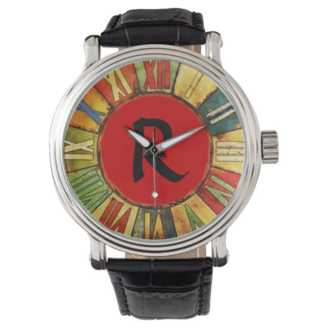 FARBFRISTIGE ZEIT ROTES SCHWARZMONOGRAMM ARMBANDUHR (Vorderseite)