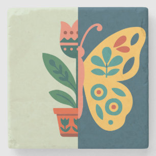 Farbfrohe Blumen- und Schmetterlings-Grafikdesign Steinuntersetzer
