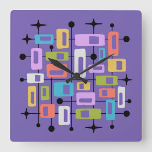 Farbfrohe Retro-Mitte-des-Jahrhunderts-Moderne-Ato Quadratische Wanduhr