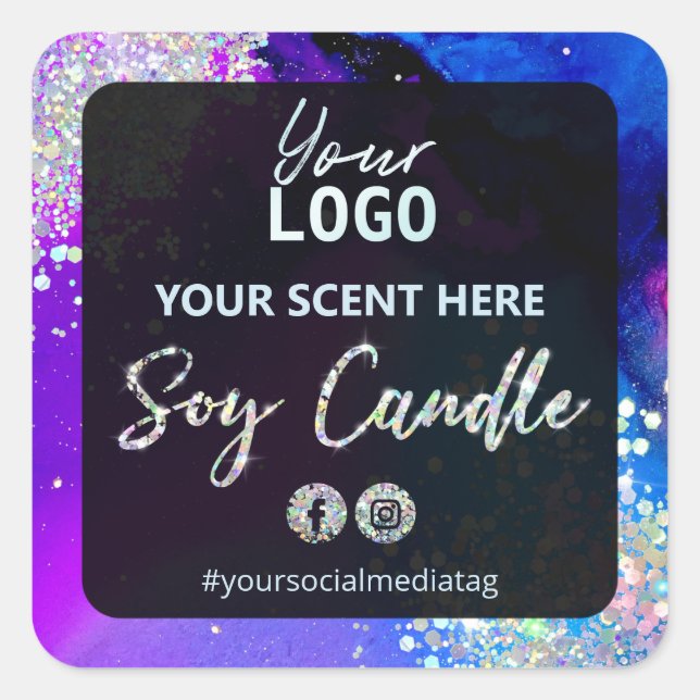 Farbgalaxie Holographic Glitzer Soy Candle Labels Quadratischer Aufkleber (Vorderseite)