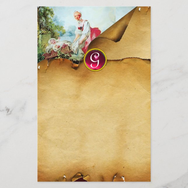 FARBHAFTE BABY SHOWER Parchment Red Ruby Monogram Briefpapier (Vorderseite)