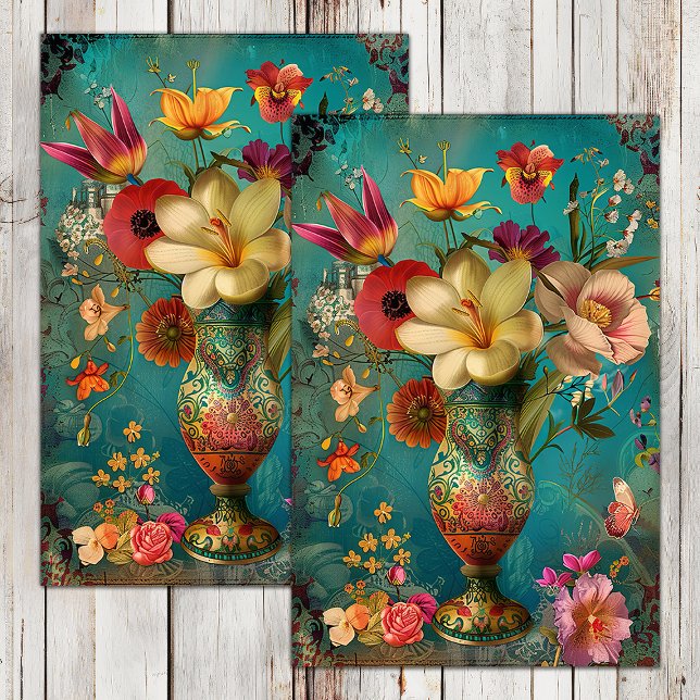 FARBHAFTE BLUME IN VASENDEKOUPATION SEIDENPAPIER (COLORFUL FLOWERS IN VASE DECOUPAGE TISSUE PAPER)