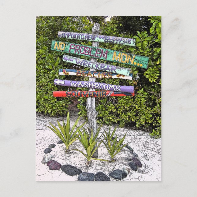 FARBHAFTE HOLZZEICHEN /RUM PT, GR. CAYMAN POSTKARTE (Vorderseite)