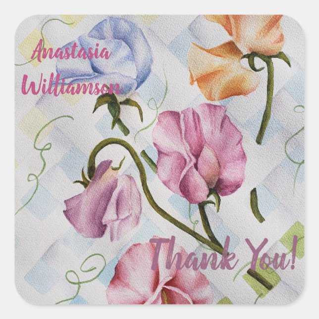 FARBHAFTE KLIMBING SWEET PEA BLUME DANKEN QUADRATISCHER AUFKLEBER (Vorderseite)