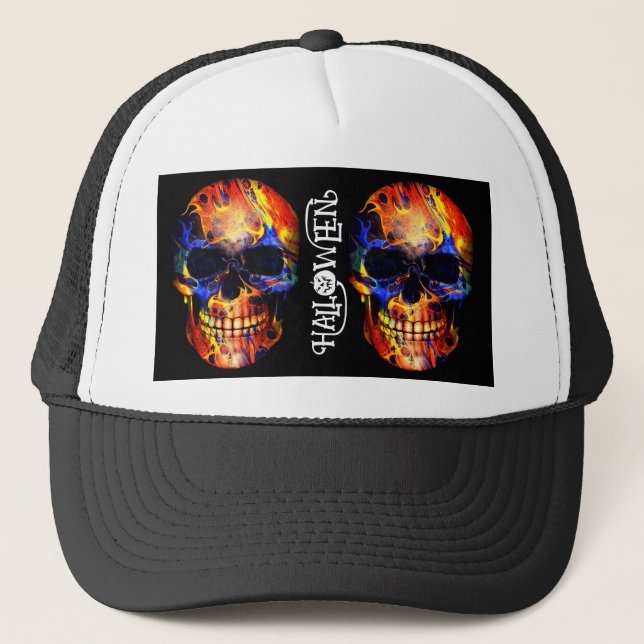 FARBHAFTE SKELETON HAPPY HALLOWEEN APPAREL TRUCKERKAPPE (Vorderseite)