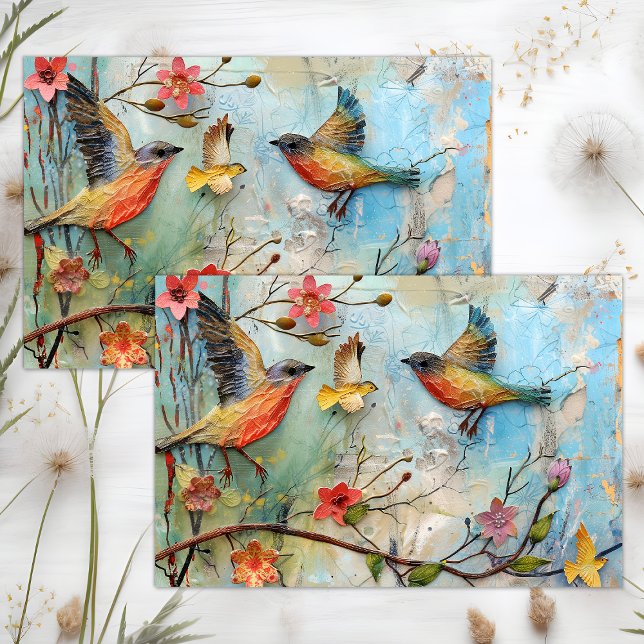 FARBHAFTE VÖGEL IN FLIGHT MIXED MEDIA DECOUPAGE SEIDENPAPIER (COLORFUL BIRDS IN FLIGHT MIXED MEDIA DECOUPAGE TISSUE PAPER)