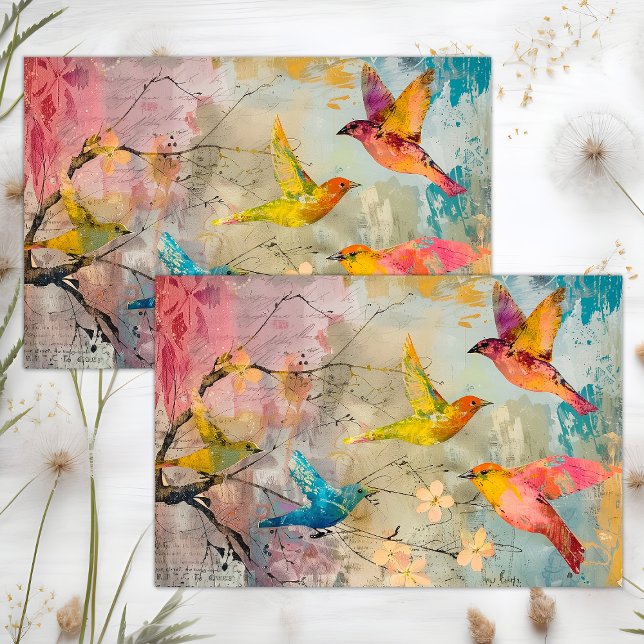 FARBHAFTE VÖGEL IN FLIGHT MIXED MEDIA DECOUPAGE SEIDENPAPIER (COLORFUL BIRDS IN FLIGHT MIXED MEDIA DECOUPAGE TISSUE PAPER)