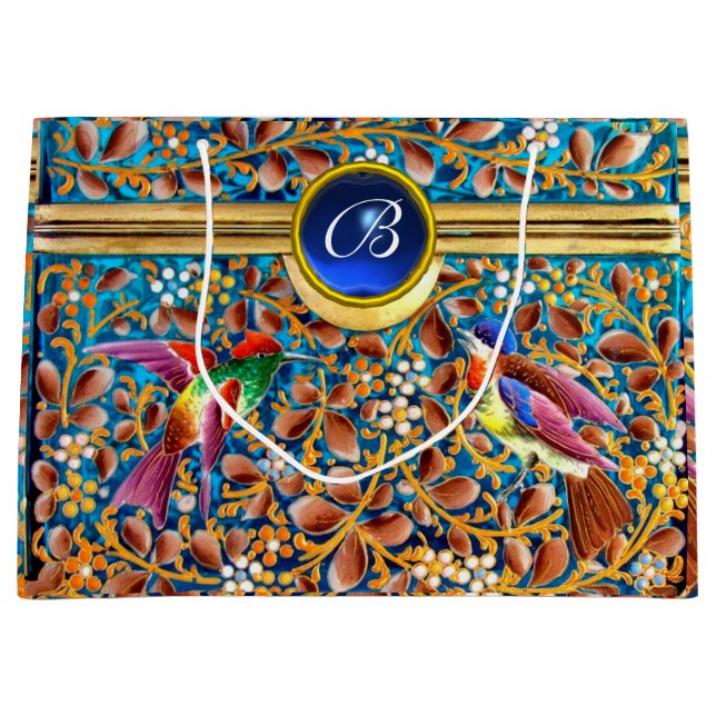 FARBHAFTE VÖGEL UND BLUE GEM MONOGRAM WIRBEL GROßE GESCHENKTÜTE (Vorderseite)