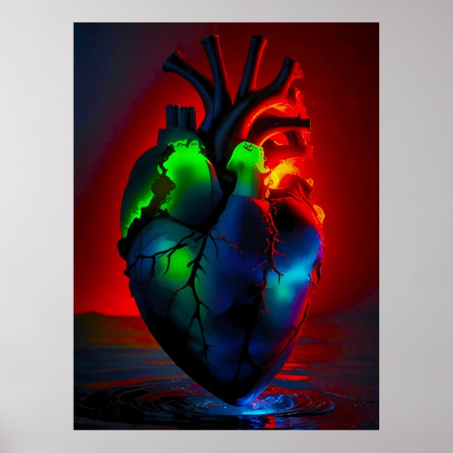 Farbig leuchtendes Herz über Wasser Poster (Vorne)