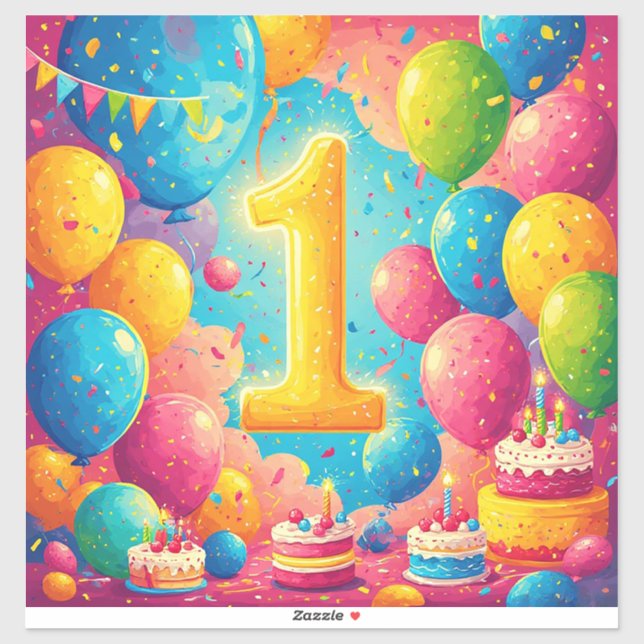 Farbige 1. Geburtstagsfeier mit Ballons Aufkleber (Blatt)
