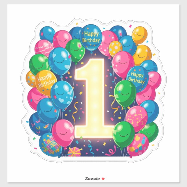 Farbige 1. Geburtstagsfeier mit Ballons Aufkleber (Blatt)