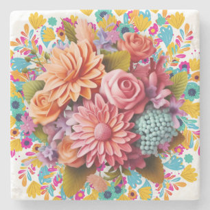 Farbige 3D-Blume Rosa und Orange Steinuntersetzer