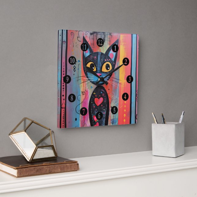 Farbige Abstrakt-gelbe Mit Augen Katze Quadratische Wanduhr (Büro)