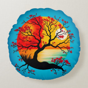 Farbige abstrakte Baum-Silhouette bei Sonnenunterg Rundes Kissen