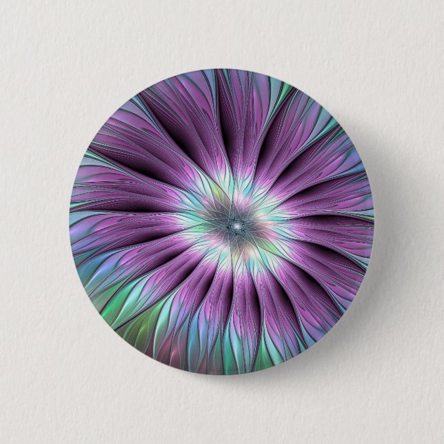 Farbige Abstrakte Blume Rosa blaues grünes Fraktal Button (Vorderseite)