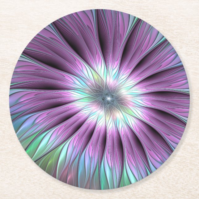 Farbige Abstrakte Blume Rosa blaues grünes Fraktal Runder Pappuntersetzer (Vorderseite)