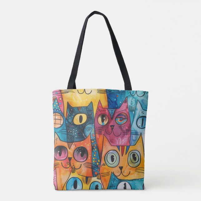 Farbige Abstrakte Cat Tote Tasche | Lebendige Kuns (Rückseite)