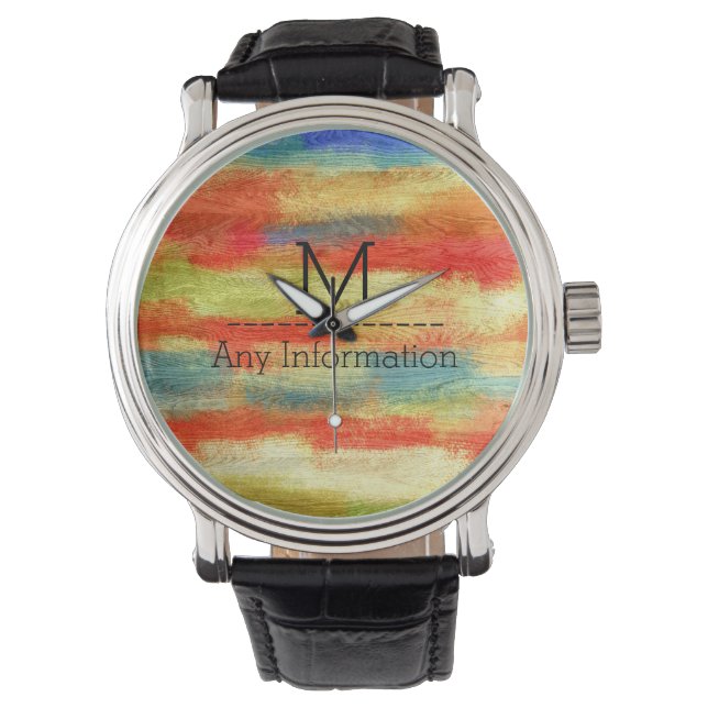 Farbige Abstrakte Holzkörner-Monogramm Armbanduhr (Vorderseite)