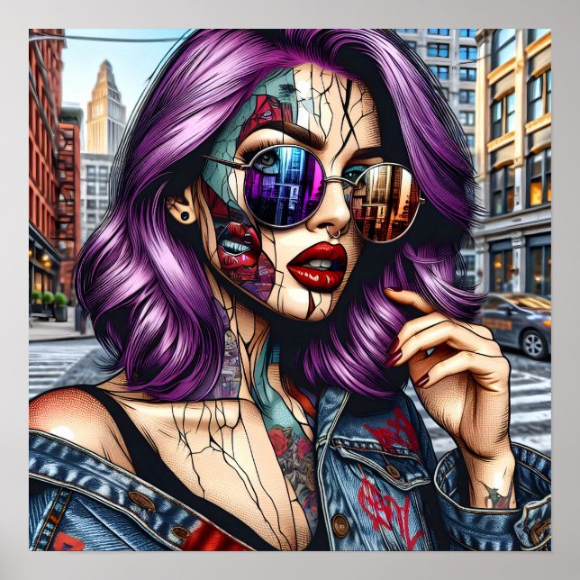 Farbige Abstrakte Hübsche Dame mit Lila Haar Poster (Vorne)