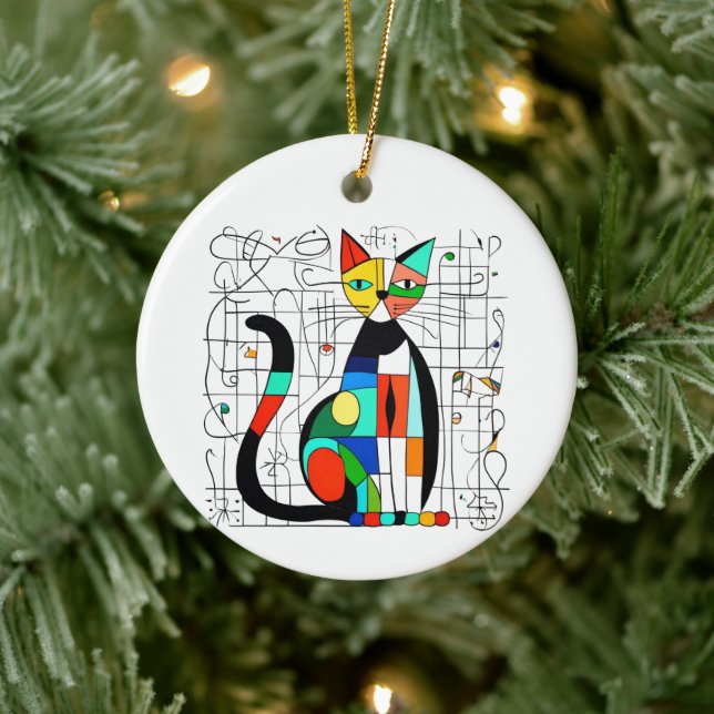 Farbige Abstrakte Katze Kunst Kubist Kubismus Keramik Ornament (Baum)