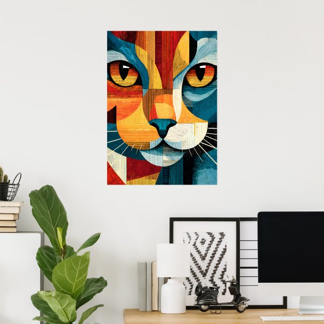 Farbige abstrakte Katzengesicht-Geometrieposter Poster (Heimbüro)