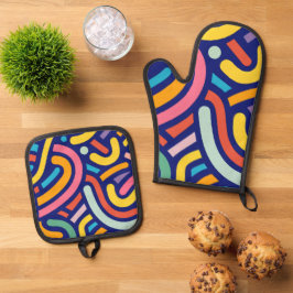 Farbige abstrakte Linien Ofenhandschuh & Topflappen-Set