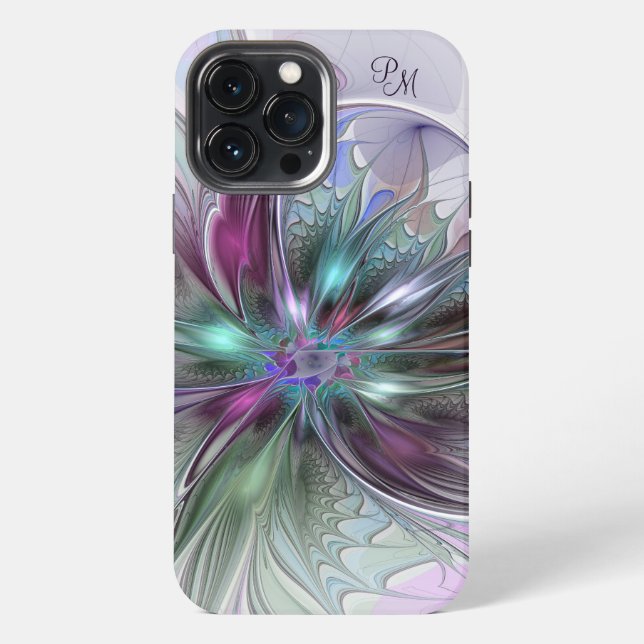 Farbige abstrakte moderne fraktale Blumeninitialen iPhone Hülle (Rückseite)