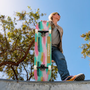 Farbige Abstrakte Pinselstriche - Minze & Rosa (4) Skateboard