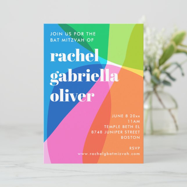 Farbige abstrakte Regenbogen-Foto-Bat-Mizwa-Party Einladung (Stehend Vorderseite)