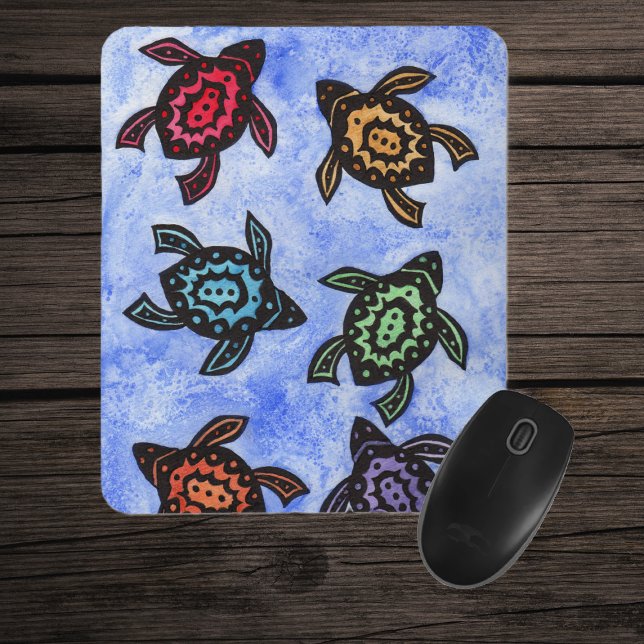 Farbige Abstrakte Schildkröten Mousepad (Abstract turtles different coloured shells on watery look blue mouse pad.)