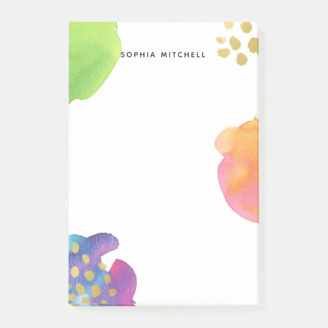 Farbige Abstrakte Wasserfarbe mit Gold Post-it Klebezettel (Vorderseite)