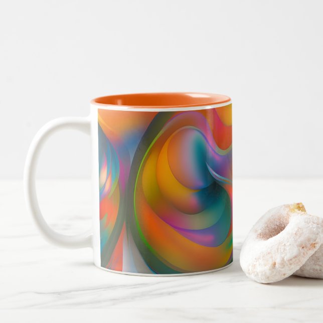 Farbige Abstrakte Wirbel Orange Blue Green Pink Zweifarbige Tasse (Mit Donut)