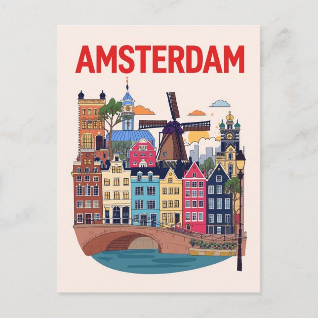 Farbige Amsterdamer Stadtansicht Postkarte (Vorderseite)