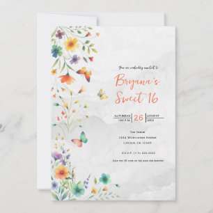Farbige Aquarell-Blumen-Schmetterling Sweet 16 Einladung