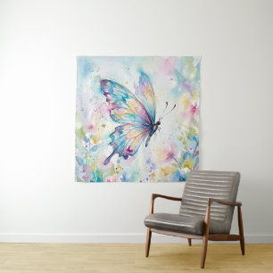 Farbige Aquarell-Schmetterlings-Blumen Wandteppich