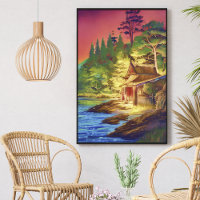 Farbige Aquarell-Seebungalow-Haus-Grün