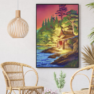 Farbige Aquarell-Seebungalow-Haus-Grün Poster