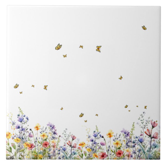 Farbige Aquarell-Wildblume mit Schmetterling Fliese (Vorderseite)