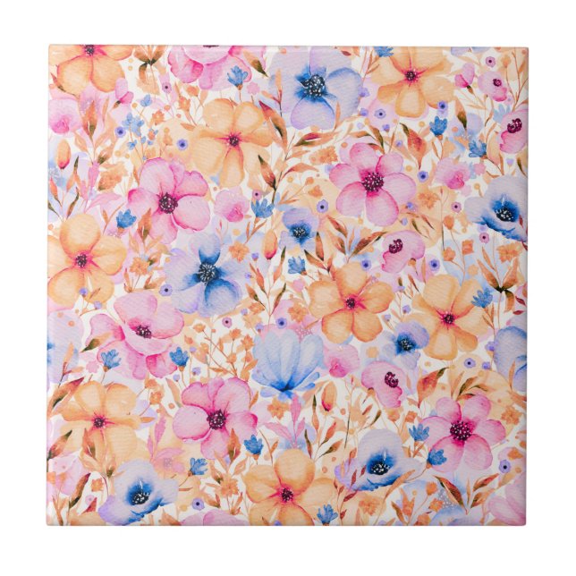 Farbige Aquarell-Wildblumen Blumenmuster Fliese (Vorderseite)