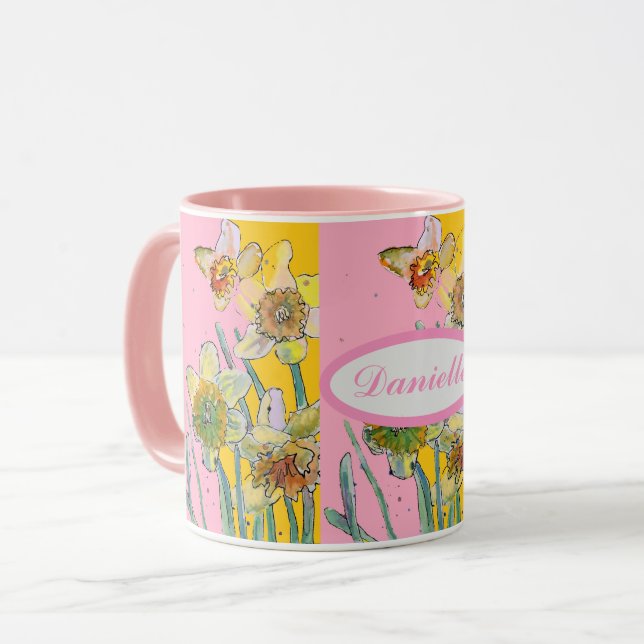 Farbige Aquarellfarbe Gelb Rosa Blütenfarbe  Tasse (Vorderseite Links)