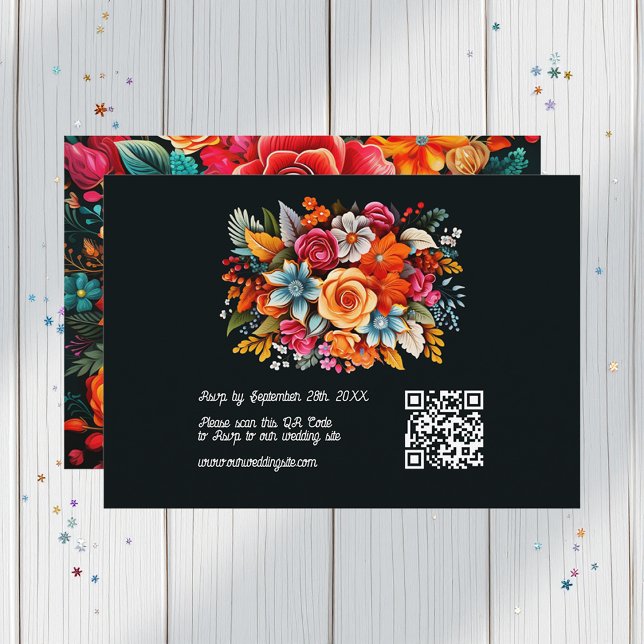 Farbige Aquarellfarben-Fiesta Hochzeit QR-Code RSVP Karte (Colorful Watercolor Floral Fiesta Wedding QR Code RSVP Card)