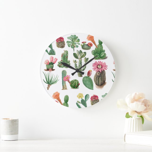 Farbige Aquarellkaktus und Sukkulenten Blume Große Wanduhr (Zuhause)