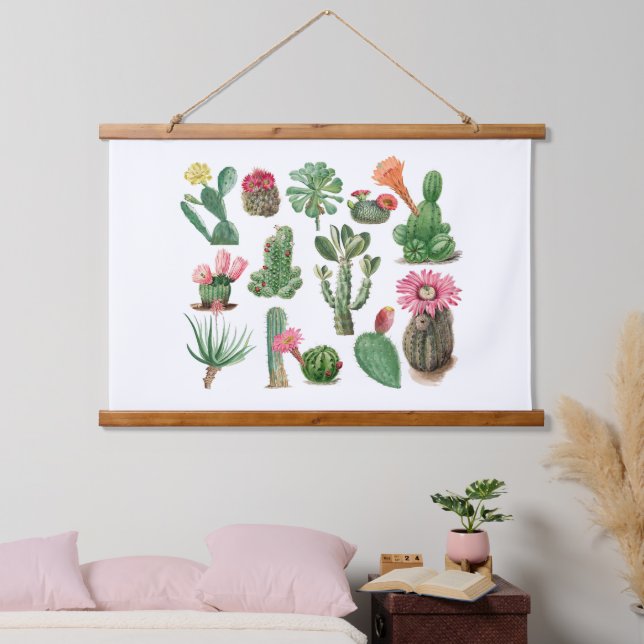 Farbige Aquarellkaktus und Sukkulenten Blume Wandteppich Mit Holzrahmen (Schlafzimmer)