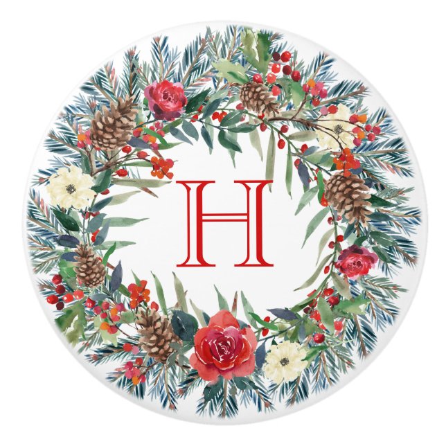 Farbige Aquarelltöne Weihnachtskranz Keramikknauf (Vorderseite)