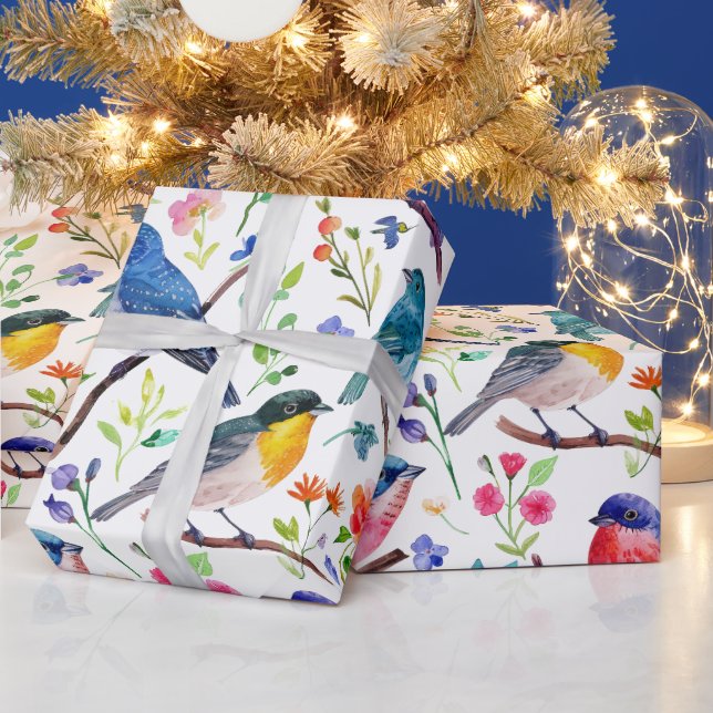 Farbige Aquarellvögel und Blume Geschenkpapier (Feiertage)