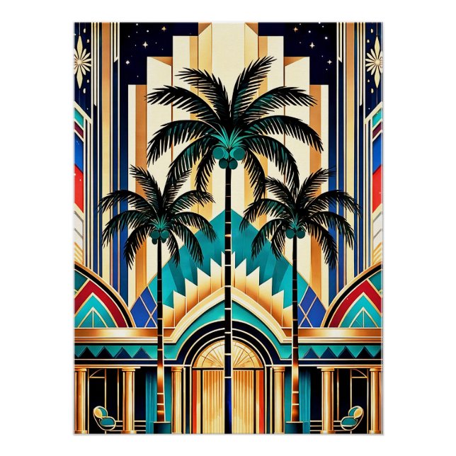 Farbige Art Deco Palme Design Poster. Poster (Vorderseite)