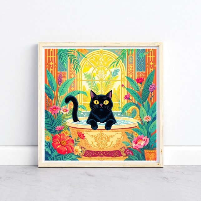 Farbige Art Deco schwarze Katze in der Badewanne Poster (Von Creator hochgeladen)