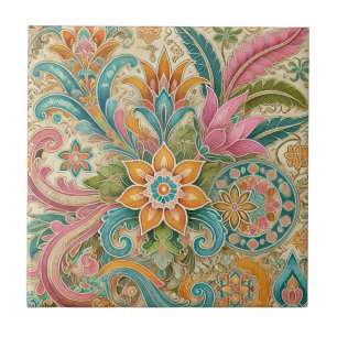 Farbige Batik-Boho-Botanik-Aquarell Fliese