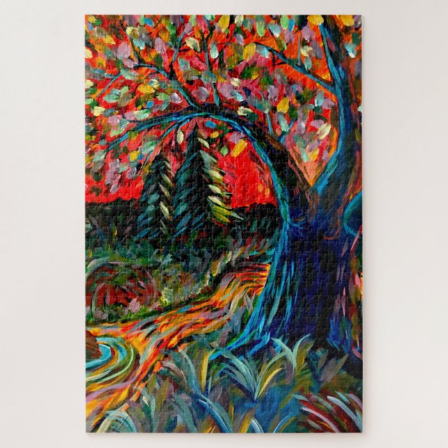 Farbige Bäume und Flussgemälde Puzzle (Vertikal)