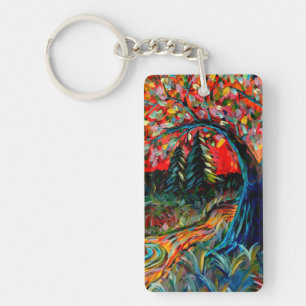 Farbige Bäume und Flussgemälde Schlüsselanhänger